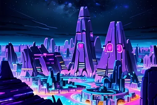 Prompt: Same Composition, Stonepunk, Bedrock City Inspired Skyline, Nightime, Futuristic City, Purple and Blue Aesthetic, Lentimas Town Inspired, Pueblo Inspired Architecture, Stone Buildings, Arid Land Fantasy Desert Village, Bedrock, Insane Futuristic Aesthetic, The Flintstones Inspired, The Croods Inspired