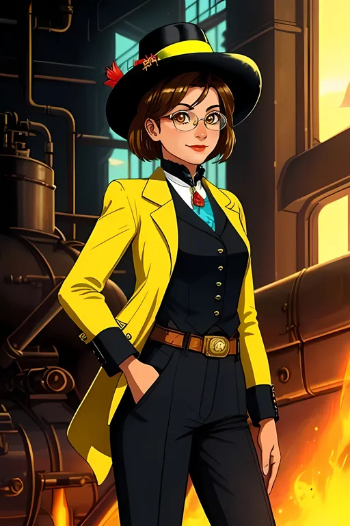 Prompt: SFW, Desertpunk, Adorable, Same Outfit, Same Hairstyle As Style Reference, Dieselpunk, Boilers, Furnaces, Ironworks, Inside The Ironworks, Gadgets, Edwardian, Fantasy, Pistons, Interesting Background, Wild West Inspired Background, Portrait, One Woman In Picture, Short Gold Bob Without Bangs and Without Sideswept Hair, Forehead Visible, Wearing a Neon Yellow and Neon Red Colored Industrialist  Outfit, Native Woman, Tan Skin Profile Only, Tycoon Looking, Pretty, Mature Face, Tough Smile, Edwardian Victorian Old School Glasses, Fancier Looking, Very Vivid Eyes, Motherly Looking, Alternative Looking, Confident Looking, Tougher Looking, Fully Clothed, 36 Year Old, Lily Gladstone, Oil Tycoon, Fantasy Businesswoman, More Iron On Outfit, Some Heavy Metal On Outfit, Small Chest, Should Have Some Neon On Outfit, Perfect Cowgirl Hat Composition, Pistons On Outfit, Mechanic, SFW Body, Vivid Yellow Eyes, Lovely Looking Eyes, Full Lips, Detailed Face, Cute, Very Lovely Looking, More Metallic Looking Outfit, Killers Of The Flower Moon Inspired,  Gaiter,  Well Maintained Figure, Fully Formed Body, Sturdier Body, Curvier Body, Long Pants On Legs, Strong Legs, Made By Squirt_rash_24.