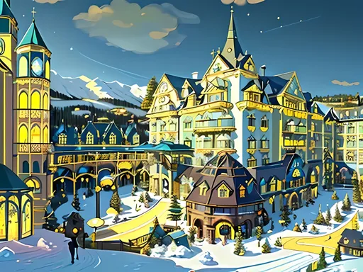 Prompt: Adorable, Picturesque, Quaint, Vail Colorado, Opal and Yellow Shades, Jules Verne Inspired, Steampunk Ski Resort Background, Bavarian Victorian Hotels, Enormous Futuristic Labyrinth Hotel Resort Area Background, Wes Anderson Scenario, Made By Squirt_rash_24.