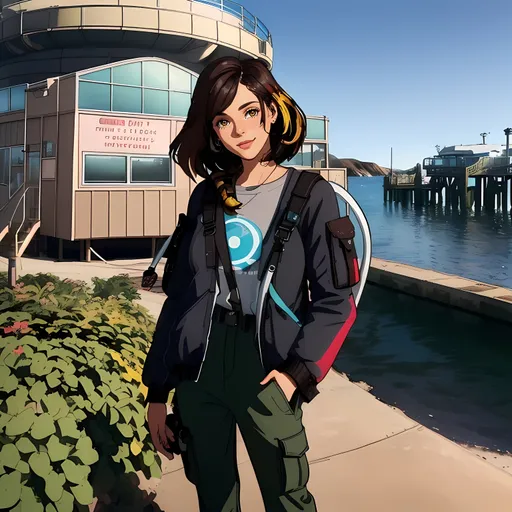 Prompt: SFW, (((Safe For Work Image Only))), Futuristic, Sketch, Very Wholesome Looking, 2D Style, Modern Animation Style, Minimalistic, (((Cel Shaded))), Same Outfit, Same Style, Same Composition, Perfect Composition, Same Background, Perfect Background Composition, Oceanpunk Seapunk, Dieselpunk Inspired, Retro Futuristic, Brown Building In Background, Dieselpunk Apparatus, Boilers, Furnaces, Pistons, Wonderous, Exciting, (((Solo Only))), Portrait, One Fully Clothed Woman In Picture, She Needs To Look Older, Grown, Strong, Grown Woman Looking, Some Skin Tone, Friendlier Looking, Twenty, 20 Year Old, Brooklyn Moors Inspired, Lighter Skin Profile, Mixed, Athlete, Same Hairstyle, Shoulder Length Hairstyle, Standing Up Straight, SFW Facial Composition Only, (((Dark Brown Black Medium Ombre Hairstyle Only, Yellow Streaks On Hair, Dark Brown Eyes Only, Calm, Mellow, Interesting, Wholesome Smile, Looking At Viewer, She Needs To Look Like The Output Image, Pink Lips))), Perfect Hair Composition, Forehead Visible, (((American Animation Style))), Regular Pose, Very Feminine Looking, Colorful Aesthetic, Retro Futuristic Marine Life Observatory Background, Futuristic Aesthetic, (((Red and Brown Observatory Building, Interesting Fantasy Aquarium Background, Eco Conservation Facility))), Finding Dory's Marine Life Institute Inspired Background, (((Morro Bay California Inspired Background))), Marina, Technical Aesthetic With Some Greenery, Orchard, (((She Should Be Wearing Sport Utility Clothing, Looser Baggier Clothing Only, Strap Bag On Shoulders, Cargo Pants))), Stockier, Cute Body, Medium Waist, High Waist, Pretty, Straps On Clothing, She Should Look a Lot Like Brooklyn Moors, Canadian, Lively,  Grateful Looking, Soulful, Lovely Looking, Full Lips, Detailed Face, 2D Animation Only, John Atkinson Grimshaw Oil Painting Aesthetic