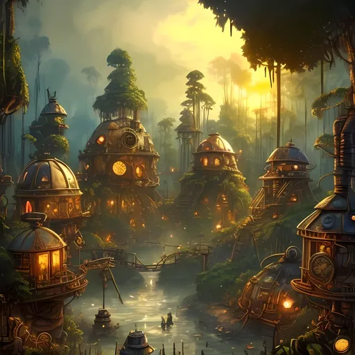 Prompt: Steampunk, Ewok City, Trees, Jungle, Night, Campfire, Large Trees, Bridge, Huts, Victorian, Interesting, Cartoon Style, 3D Style, Realistic