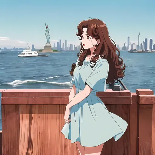 Prompt: SFW, Recreation, Heartwarming, One Young Woman, Hair Blowing, Adorable, Jordan Rumsey in New York, Same Composition, With a Brown Very Curly Medium Perm Hairstyle, Red Lips, Brown Hair and Brown Eyes, At The Statue of Liberty, Cute, Pier, Water, New York City, Wearing Retro Clothes, Dark Blue and Red Aesthetic, Sweet Looking, Full Lips, Detailed Face, Cute Face, Small Chest, Cute Bag, Bangs, Perfect Composition, Outrun, Adorable Young Woman, Interesting, Jordan Rumsey's Aesthetic, Caucasian, Big Hairstyle, 1980's Inspired, Made By Squirt_rash_24.