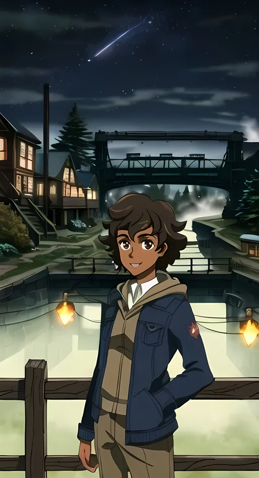 Prompt: (SFW), (Safe For Work Image Only), 2D Style, Same Aesthetic, Same Hairstyle, Minimalistic, Trail BC Canada Inspired Fantasy, (((Roots Canada Inspired, Maple Leaf Patch On Shoulder))), Pistons, Dieselpunk, Cute Wholesome Factory Village, Edwardian Houses, Ironworks, Intricate, Steam, Lavish, Factory, Night Time, Stars, No Clouds, Comets, Landscape, Dieselpunk Retro Futuristic, Bridge Above Water, Autumn, Orange and Green Shades, Trail, BC Inspired, Smoke, Fog, Portrait, 1Woman, One Woman In Photo, (1Adult, She Should Look a Lot Like Taylor Russell, Adult Female Composition Only, Cuter Face), Very Feminine Looking, Dieselpunk Inspired Clothing, (Roots Canada Inspired Clothing Only), Boilers, Furnaces, Pistons, Hoodie, Black Woman, In Her Twenties, 20 Year Old, Cute, Happier Looking, Pretty, Older Maiden Looking, Navy Blue Jacket, Trousers, In The Village Area, Technical, Smiling, Slighter Frame, Brown Afro Puffs, Canadian, Brown Eyes, Full Lips, Detailed Face, Standing Up Straight 
