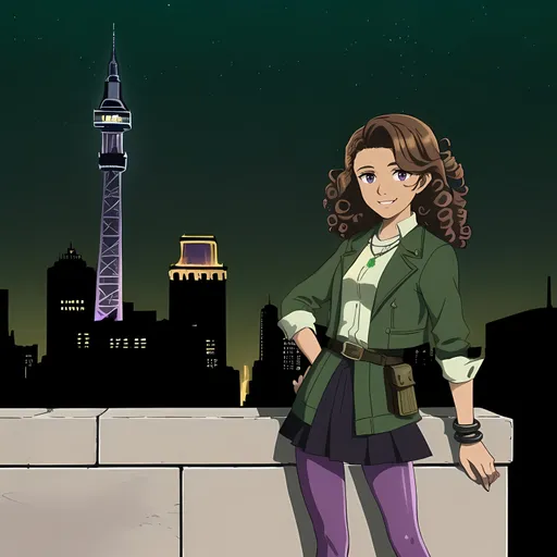 Prompt: SFW, (((SFW Image Only, American Animation Style))), Follows Prompt Exactly, (((Same Composition, Perfect Composition))), Wonderous, Cartoon, She Needs To Look Like The Reference, (((Solo Only, She Needs To Look Younger))), Lively, Sliver City, Stars Twinkling, Philadelphia City Hall, Philadelphia Inspired Skyline, Modern Looking, (((Silver and Midnight Green and Ivory Aesthetic))), Silver White Lights, 2D Style, (((Very Minimalistic))), Modern Looking, Dieselpunk, Same Background, (((Perfect Background Composition))), Cityscape, Safe, Calm, Nightime, Very Wholesome Looking, Lovely Looking Animation Style, (((Same Hairstyle, Perfect Hair Composition))), Joyful, Milder, Caramel Complexion, Mixed, Standing Up Straight, Lovely Looking, Perfect City Composition, (((Philadelphia Inspired City Background))), Bronze Colored Curls, Lavish, Portrait, (((Solo Only))), 1Woman, 1Adult, One Woman In Picture, (((Maiden Looking, She Should Look a Lot Like Jillian Shae Spaeder, Mixed, Caramel Complexion, Medium Hairstyle, Cuter Face, (((Very Curly Bronze Hairstyle Only, Very Feminine Looking))), Youthful, Brown Eyes Only, Full Lips, Pink Lips, Detailed Face))), Edwardian, Gaiter, Ladylike, More Manager and Mechanic Looking, (((Grown Slighter Frame Only))), Relaxed,  (((Smile))), Friendlier Looking, Young Aesthetic Only, Alternative Aesthetic, Lusher Face, Twenty Two, 22 Year Old, (((Medium Frizzy Hairstyle, Caring Looking, Lithe, Purple Leggings))), She Should Have Four Fingers and a Thumb, More Metallic Looking, Gilded* Age Period Inspired, Industrialists, Dieselpunk Philadelphia Inspired, Midnight Green and Gray Eagles Aesthetic, Steel and Dark Green Aesthetic, Some Iron On Outfit, Charming, Green Iron Fantasy Color Blocking Windbreaker Jacket, Black Skirt, Iron Belt and Buckle, Undershirt, Medium Waist, Business Casual, Gaiter, Necklace, Brick Wall, Minimal Aesthetic, Lights, (((Iron Bracelets))), Caramel Complexion, Hapu Trainer Inspired, Emma Trainer Inspired, John Atkinson Grimshaw Oil Painting Aesthetic