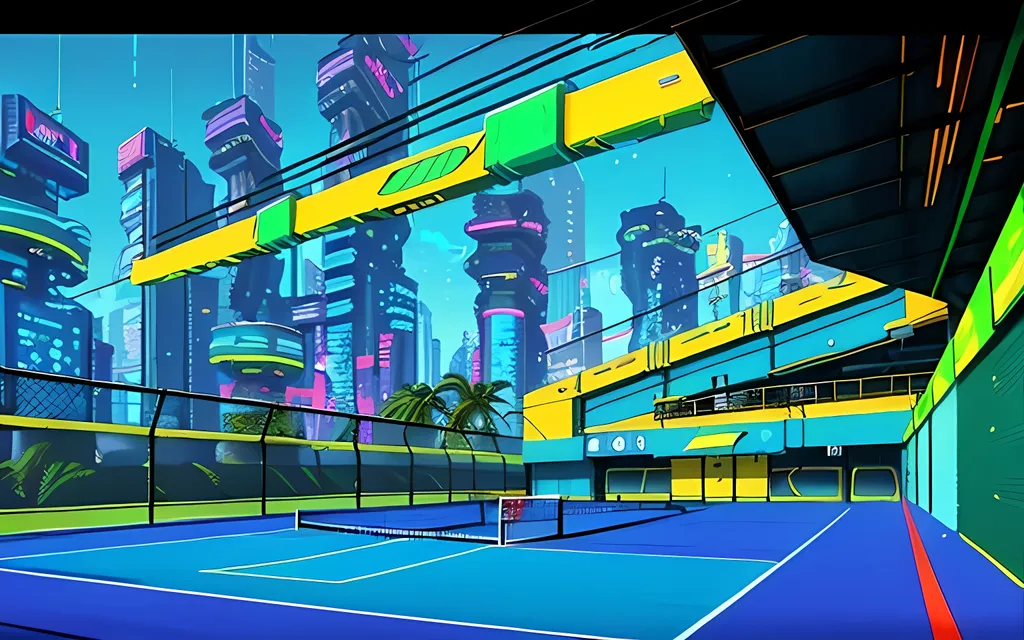 Prompt: Cyberpunk, Unique, Pop Art Movement Inspired, Maximalistic, 2D Style, Retro, Cyberpunk Only, Neon, Futuristic Aesthetic, Humid, Warm Aesthetic Hues, Fantasy, Insane Cyberpunk Futuristic Aesthetic, Advanced Technology, Joyful, Yellow and Blue Aesthetic, Interesting, Outdoors, Tennis Court, Outdoor Stadium, Neon Aesthetic, Vivid, Lively, Lush, Tropical, Sandy Cyberpunk Beach, Coastal Region, Cool Looking, More Fantasy Looking, Oil Painting Aesthetic 