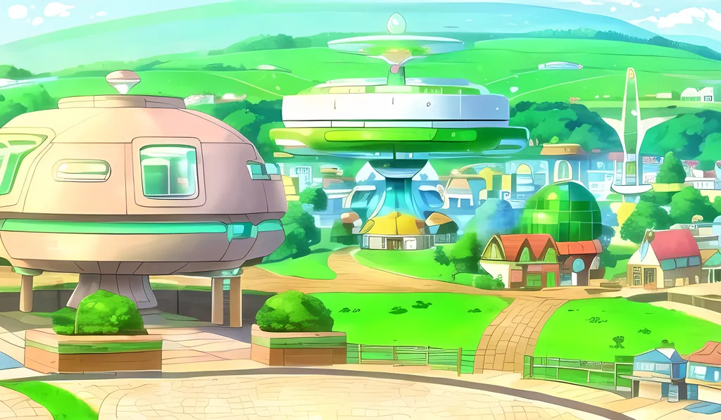 Prompt: (SFW), Intricate, (Nobody Else In Background, Pokemon Inspired Town, Minimalistic, Townscape, Perfect Village Composition Only, Landscape Only, Interesting, Colorful, Modern Animation Style, Wholesome Animation Style, 2D Style, Solo Only, Same Composition, Perfect Composition, Same Look As Output Image, Very Retro Futuristic Market Town, Squares, Crosswalk, Roads, Blocks, Interesting Cubic Architecture, Windows On Buildings, Very Wholesome Looking Only, Some Greenery, Cute, White Skies, Retro Futuristic Utopia Emerald City Architecture, Lush, Lavish, Hanna Barbara Aesthetic, Forest Village Market Town Background, Toyland Inspired, Green Olive Aesthetic and Olive Colored and Salmon Pink and Black Steampunk Inspired Architecture, Technical, Joyful, Retro Futuristic, Hanna Barbara Aesthetic, Heartwarming, Wondrous, Wholesome, Retroville Inspired, Futuristic, Cute,  Retro Futuristic Electronic Aesthetic