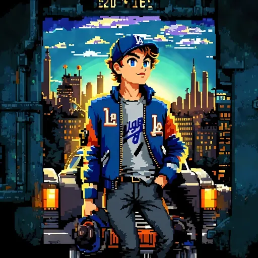 Prompt: SFW, Very Cute, Blue and Gray Aesthetic, Blue and Gray Aesthetic City, Pixelart Illustration, Very Cute, Intricate, Aesthetic Background, Perfect Composition, One Young Man in Picture, Leonardo DiCaprio,  Exciting, Nostalgic, Brightened Picture, Unique Pixelart Illustration, Pixelart Style, Pixelated, Vibrant, Lively, Colorful, Retro, 8 Bit, Synth, Retrowave, Nintendo Graphics, Heartwarming, Full Lips, Detailed Face, Happier Tone, Circle Aesthetic, Cute Animation Style, Dieselpunk, Same Composition, 2D Animation, Trucker Hat, Curly Hair Only, Cute, One Cute Looking Younger Male With Curly Trendy Hairstyle, Dieselpunk Aesthetic, With Stubble in Picture, Wearing a Blue and Red Dieselpunk Manufacturing Jacket, Some Iron On Jacket, Dark Blonde With Gray Eyes, Full Lips, Distinctive Features, Stubble, Dieselpunk Cool Looking Bomber Jacket and White Undershirt, Slim Jeans, Los Angeles Dodgers Inspired, Colorful Blue and Red Industrial City Inspired, Adorable,  American, Dieselpunk City Skyline Los Angeles Dodgers Inspired, Stylish, Dieselpunk, Protagonist, Slim Body, Made By Squirt_rash_24.