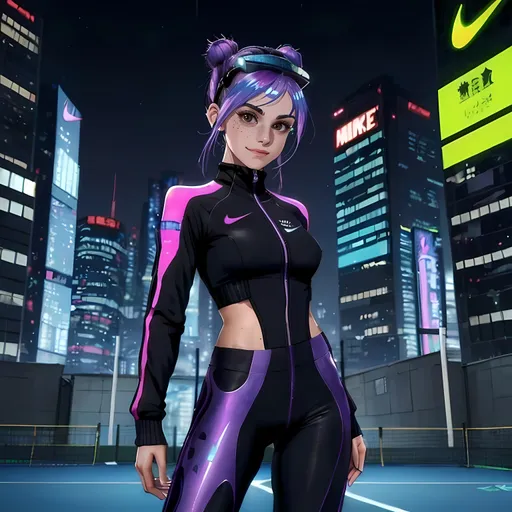 Prompt: SFW Only, Tennis Court Background, Tennis Aesthetic, Vault, Adorable, Happier Tone, Olga Danilovic Inspired, Formal Outfit, Covering Her Body, Skirt, Olive Skin, Serbian Looking Appearance, Interesting, 2D Style, Very Unique, Striking, Futuristic, Exciting, Retro Cyberpunk, Cartoon, Cyberpunk City Background, One Fully Clothed Iridescent Ombre Obsidian Haired Young Woman Of Serbian Descent, Standing Up Straight, Friendlier Looking Only, Bigger Clothing, Proud Looking, Full Lips, Detailed Face, Big Smile On Her Lips, Cyberpunk Apparatus On Head, Perfect Apparatus Composition, Teeth Showing In Smile, Cyberpunk Athlete, Wearing Yoga Pants, Beautiful Textured Shimmering Multicolored Dark Brown Black Medium Space Buns Only, Cute Hairstyle, Rosa Trainer Inspired Hairstyle, Flowing Hair, Cute Bowtie On Hair, Very Feminine Looking, Cute Friendly Smile, Thick Dark Black Eyebrows Only, Good Looking, Interesting Background, Vivid Purple Eyes Only, Freckles, Sleek and Amazing Body, Flattering, Fully Formed Body, Well Maintained Physique, SFW Body Only, Healthy Body, Athletic Track Star Type Body, Strong Legs, Longer Legs, Marvel's Silk Inspired, Black Cat Inspired, Heartwarming, Fully Clothed, Powerful Warrior Body, Strapped Nike ACG Tracksuit Jacket, Techwear Gear, Wearing Nike Inspired Athleisure, Cute To Look At, Perfect Composition, Same Composition, Wholesome Looking, Soulful, 22nd Century, Cute, Colorful, Vivid, Cyberpunk Nike, Outside, Raining, Adorable, Emotional, Wearing Eyeliner, Futuristic, Technical Inspired Streetwear, Cyberpunk Looking, Lithe Body, Leg Contours, Interesting Glowing Outfit, Nike Logo On Outfit, Starfire Inspired, Serbian Woman, Futuristic Aesthetic, Cute Face, Unique Hairstyle, Futuristic Hairstyle, Osaka Japan, Night Time, The Outfit is Technical and Glowing, Techwear Inspired With An Athletic Aesthetic, Slim and Bigger Boned, Interesting, Joyful, Wearing Interesting Futuristic Nike Sneakers, Far Future, 2124, Ghost In The Shell Inspired, Alita Battle Angel Inspired, Made By Squirt_rash_24.   