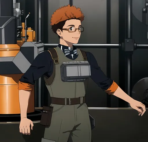 Prompt: (SFW), Safe For Work Image Only, Safe, G Rated, Rated E, Milder Looking, Minimalistic, Profile Picture, Solo Only, Brightened Picture, Orange Afro, Higher Quality, Perfect Composition, Same Composition, 1Man, One Man In Picture, Younger Face, Flat Clothes, Wearing a Dieselpunk Looking Iron Vest, Benjamin Flores Jr. Inspired, Full Lips, Detailed Face, African American, Nerdier Looking, Grown Adult Man Looking, 20 Years Old, Regular Pose, Standing Still, Hipster Glasses, SFW Body, Dark Red Orange Afro Only, Young Bachelor Looking, Large Gaiter,  Edwardian, Cute Animation Style, 2D Animation, Perfect Composition Hands, Dieselpunk Wizard Inspired, Full Lips, Detailed Face, Technical Metallic Exosuit Outfit, Very Masculine Looking, Brown Eyes, Perfect Composition Eyes, Cute Man, Cute Smile, Grown Body, Working In His Ironworks, Cute Animation Style, Male Body Type Only, Boxier Body Type, Gray Edwardian Mechanical Jumpsuit, Bowtie On Outfit, Some Pewter On Outfit, Some Armor On Outfit,  Brown Hiking Boots, SFW Body, Some Orange On Outfit, Buck Trainer Inspired, Flint Trainer Inspired, Made By Squirt_rash_24.  