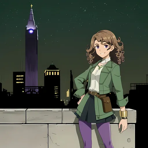 Prompt: SFW, (((SFW Image Only, American Animation Style))), Follows Prompt Exactly, (((Same Composition, Perfect Composition))), Wonderous, Cartoon, She Needs To Look Like The Reference, (((Solo Only, She Needs To Look Younger))), Lively, Sliver City, Stars Twinkling, Philadelphia City Hall, Philadelphia Inspired Skyline, Modern Looking, (((Silver and Midnight Green and Ivory Aesthetic))), Silver White Lights, 2D Style, (((Very Minimalistic))), Modern Looking, Dieselpunk, Same Background, (((Perfect Background Composition))), Cityscape, Safe, Calm, Nightime, Very Wholesome Looking, Lovely Looking Animation Style, (((Same Hairstyle, Younger Face, Perfect Hair Composition, SFW Facial Composition Only))), Joyful, Milder, Caramel Complexion, Mixed, Standing Up Straight, Lovely Looking, Perfect City Composition, (((Philadelphia Inspired City Background))), Bronze Colored Curls, Lavish, Portrait, (((Solo Only))), 1Woman, 1Adult, One Woman In Picture, (((Younger Maiden Looking, Cuter Face, She Should Look a Lot Like Jillian Shae Spaeder, Mixed, Caramel Complexion, Medium Hairstyle, (((Very Curly Bronze Hairstyle Only, Very Feminine Looking))), Youthful, Brown Eyes Only, Full Lips, Detailed Face))), Edwardian, Gaiter, Ladylike, More Manager and Mechanic Looking, (((Grown Slighter Frame Only))), Relaxed,  (((Smile))), Friendlier Looking, Alternative Aesthetic, Lusher Face, Twenty Two, 22 Year Old, (((Medium Frizzy Hairstyle, Lithe, Purple Leggings))), She Should Have Four Fingers and a Thumb, More Metallic Looking, Gilded* Age Period Inspired, Industrialists, Dieselpunk Philadelphia Inspired, Midnight Green and Gray Eagles Aesthetic, Steel and Dark Green Aesthetic, Some Iron On Outfit, Green Iron Fantasy Color Blocking Windbreaker Jacket, Black Skirt, Iron Belt and Buckle, Undershirt, Tighter Body, High Waist, Business Casual, Legs Should Be Covered, Gaiter, Necklace, Brick Wall, Minimal Aesthetic, Lights, (((Iron Bracelets))),  Hapu Trainer Inspired, John Atkinson Grimshaw Oil Painting Aesthetic