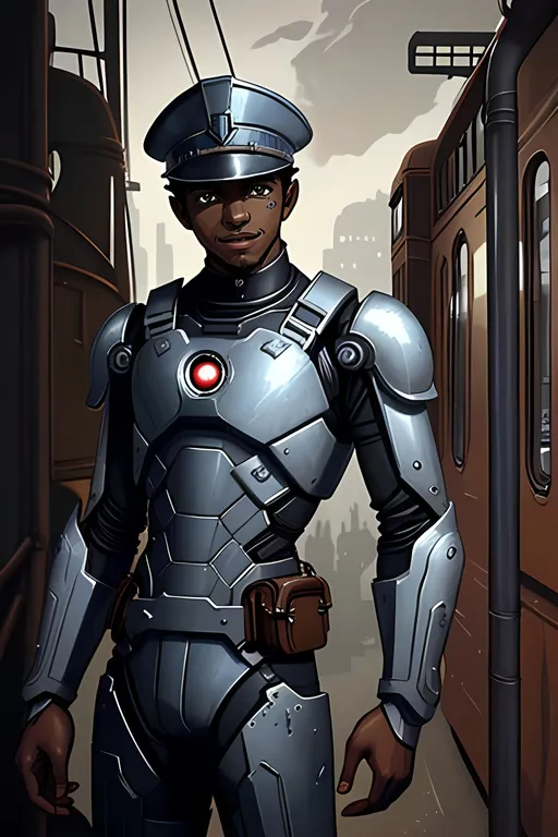 Prompt: Hands Down, Different Pose, Ironman Inspired Exosuit, Black and Gray Shades, Hat On Head Only, Close Up, Ben 10 Animation Style, 2D Animation, Sketch, Darker Skin, One Young Man In Picture, Smiling, Perfect Hand Composition, African American, Cute Animation Style, Adorable, He Looks Like a Train Conductor, Gerald Hey Arnold Inspired, Very Curly Hairstyle, Gray Eyes, Tan Ochre Colored Outfit, Some Silvery Blue On Outfit, Rusty Aesthetic, African Descent Looking, Iron Mage, Iron Cap On Head, He Needs To Look Like The Output Image, Perfect Composition, Very Curly Hair, Same Composition, Dieselpunk Brooklyn New York City Skyline Background, Iron Mage Outfit, Cool Looking, Edwardian Inspired, 1920's Inspired, Dieselpunk Buildings, 1920's Atmosphere, SFW, Adorable, Young Looking, Mage, Fantasy, Dieselpunk Looking, Edwardian Dieselpunk Looking, Scrappy, Junkyard, Fantasy, Slim Body, Brown Skin, Cute Face, 25 Year Old, Lots Of Iron On Outfit, Dieselpunk, Edwardian Iron Mage, Young Looking, Athletic Body, Interesting, Gritty, He Should Look Like Leon Thomas III, He Should Be Wearing an Iron Necklace, Edwardian, African Descent Haitstyle, Full Lips, Detailed Face, Technical Exosuit Outfit, Made By Squirt_rash_24.