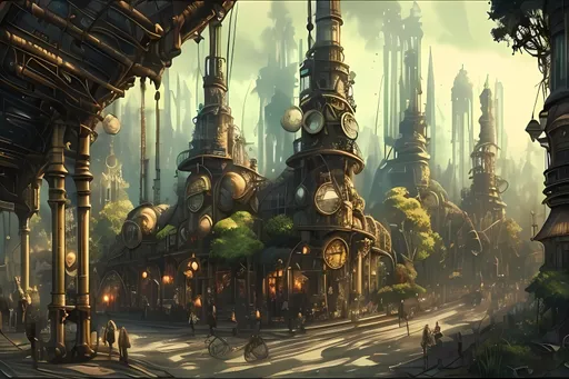 Prompt: Steampunk, Forestpunk, Forest City, (((Sprawling Cityscape))), (((Trees))), Village Market Town Skyline, Sonic's Great Forest Inspired, Large Trees, Bridge, Huts, Gears, Victorian, Watercolor Aesthetic, Steampunk Aesthetic, Forestpunk Aesthetic, Fantasy, Pneumatic Tubes, Fantasy Buildings, Pipes, Retro Futuristic, Interesting, Cartoon Style, 3D Style, Realistic