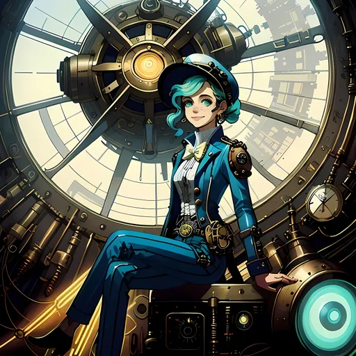 Prompt: Neo Futuristic Steampunk, SFW Only, Same Composition, Perfect Composition, Steampunk, Skypunk, Airpunk, Indoors Only, Shantae's Propeller Town Inspired Skyline, Floating Facility, Clouds, Solo, 1Woman, Portrait, Solo, One Fully Clothed Woman In Picture, Felicity Jones Inspired, Amelia Wren Character Inspired, Interesting, Cuter Face, Smiling, Teeth Showing In Smile, More Mild Looking, Full Lips, Detailed Face, She Should Be Inside The Facility, Vault, Insane Futuristic Aesthetic, Zeppelin, Foggy, Wonderous, Marvelous, Wearing a Jules Verne Inspired Outfit, Jules Verne's Five Weeks In a Balloon Inspired, The Aeronauts 2019 Movie Inspired, Steampunk Armor On Outfit, Determined Looking, Grown Woman, Young Maiden Looking, Navy Blue and Ivory Colored Outfit Only, Armbands, Aviator Aesthetic, British Woman, British Looking, Nerd, Freckles, Happier Looking, Trendier Looking, Grown Body Only, More Bubbly Looking Animation Style, Cloud City In Sky Background Only, Lusher Face, Turquoise Hair, Turquoise Eye Color Only, SFW Body, Lithe and Skinnier Build Only, Firm Arms, Steampunk Apparatus In Background, Tougher Looking Only, Caring Looking, Quirkier Looking Only,  Young Face Only, Rose Gold Aesthetic, Jetsons Orbit City Inspired Background, Pilot, Victorian Fantasy Outfit, Perfect Arm Composition, Colorful, Steampunk Air Balloons In Background, Neon Aesthetic, Circumnavigation Aesthetic,  Jules Verne Inspired, Intricate, Brass Steampunk Gears On Body, Globe, Explorer Aesthetic, American, Victorian Style, Brass Tinsels,  Geared Outfit, Heartwarming, Explorer, Journalist, Steampunk Industrialist, Inventor, Caucasian, More Steampunk Looking, Happier Looking, Striped Trousers On Legs Only, Slighter Build and Smaller Legs Only, White Woman, Small Waist, 22 Year Old, Interesting, Vibrant, It Should Look Like a Festival, John Atkinson Grimshaw Oil Painting Aesthetic