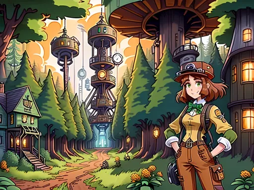 Prompt: SFW, (((Safe For Work Image Only, Sketch, SFW Only, Western Animation Style Only, Very Wholesome Looking Only))), Wonderous, Marvelous, Exciting, Woodlands, G Rated, General Audience Content, Rated E, Safe, (((SFW Body Only))),  Cartoon Style, Same Background, Lush, Lavish, Colorful Oil Painting Only With Orange and Brown Aesthetic, Steampunk, Forestpunk, Colors Bursting, Steampunk Aesthetic Background, 2D Style, Cel Shaded, Modern Animation Style,  (((Same Composition, Perfect Composition))),  Perfect City Composition, Steampunk City Background, Very Intricate Factory In Forest, Nature Conservation Facility, Factory, Steampunk Factory Aesthetic, Forest Village, Woods, Ingrown Trees, (((Sprawling Steampunk Village Cityscape))), (((Trees))), Market Town Skyline, Sonic's Great Forest Inspired, Orange and Brown Aesthetic, Boilers, Furnaces, Pistons, Very Wholesome Looking Only, Medium Shot Picture, Portrait, Solo Only, 1Woman, 1 Safe For Work Woman, 1 Safe For Work Adult Only, One Woman In Picture, SFW Facial Composition Only, (((Older Maiden Looking, 23 Year Old))), Grown, Strong, Smiling,  (((She Should Look a Lot Like Daniella Monet, Medium Very Wavy Hairstyle, Green Eyes, Sidelocks, Alternative Looking, Full Lips, Detailed Face, Copper Colored Hairstyle, Slighter Frame, Wearing Ochre Colored Clothing That Looks Like Sport Utility Clothing, Apparatus Backpack On Back Only, Cap, Bowtie))), (((Jules Verne Inspired))),  Rust and Gold Aesthetic On Clothing, Gaiter, Friendlier Looking, Sneewitchen Aesthetic, Smiling, Calm, Well Maintained Physique, Medium Waist, High Waist, Cargo Pants, Intricate, Colorful, Large Trees, Bridge, Huts, Trestles, Gears, Watercolor Aesthetic,  Steampunk Forestpunk Aesthetic, American, Very Feminine Looking, More Fantasy Looking, Pneumatic Tubes, Trestles, Lights, Warm Aesthetic Hues, Milder, Fantasy Buildings, Pipes, Retro Futuristic, Interesting, (((Cartoon Style, 2D Style, Standing On Brick Road)))