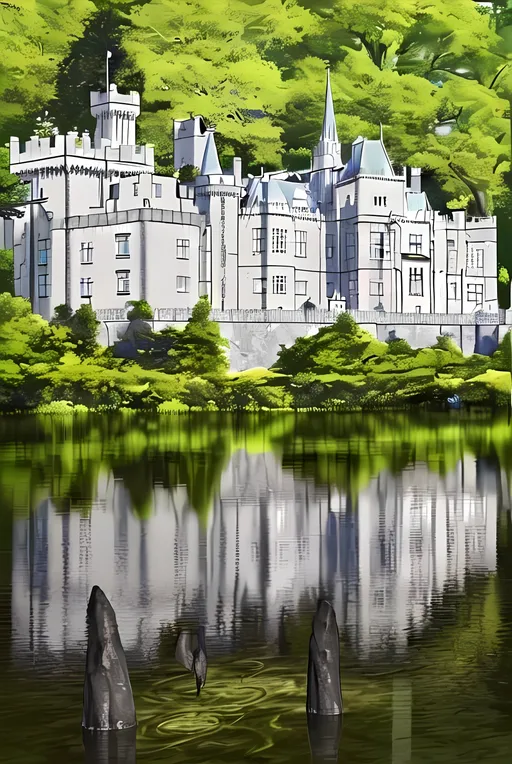 Prompt: Same Composition, Kylemore Abbey, Galway Ireland, Lush and Lavish, Disney Medieval Themed Palace, Castle, White Aesthetic, Moor, Enormous Palace, Made By Squirt_rash_24.