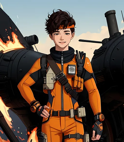 Prompt: Ironworks Background, SFW, Adorable, Perfect Composition, Same Composition, Red Markings On Face, Headband On Forehead, Perfect Hand Composition, 2D Animation, Full Exosuit, Straps On Exosuit, Confident Looking, Wholesome, Cute Animation Style, One Young Man In Picture, Fire Mage, Latino, He Needs To Look Like The Output Image, He Needs To Look Like Mario Lopez, Rusty Looking Orange Exosuit, Bowtie On Outfit, Mage, Smiling, Pistons On Clothing, Smaller Body, Handsome, Dieselpunk Looking, Ben 10 Animation Style, Edwardian Looking, He Should Be Wearing a Red Scarf, Yellow and Green Dieselpunk Iron Edwardian Exosuit, Pants On Legs, Edwardian, Fantasy, Skinny, Pale Skin, Cute Face, 18 Year Old, Bangs, Dieselpunk, Edwardian Fire Mage, Young Looking, Skinny Body, Cute Boy, Caucasian, He Should Look Like The Wally Trainer, Black Very Curly Medium Mop Mullet Hairstyle, Reddish Eyes, Full Lips, Detailed Face, Technical Outfit, Flint Trainer Inspired, Hephaestus and Vulcan Inspired, Made By Squirt_rash_24.