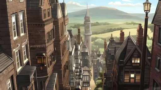 Prompt: Steampunk, Steampunk Ireland, Gray and Brown Houses, Flags on Steampunk houses with chimneys