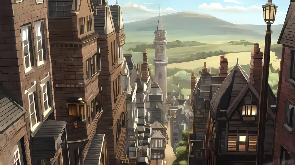 Prompt: Steampunk, Steampunk Ireland, Gray and Brown Houses, Flags on Steampunk houses with chimneys