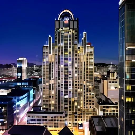 Prompt: Same Composition, San Fransisco Mariott Marquis, Designed By Eberhard Zeidler, Dusk, Opal Colored Hotel Building, Outside, Unique, Made By Squirt_rash_24.