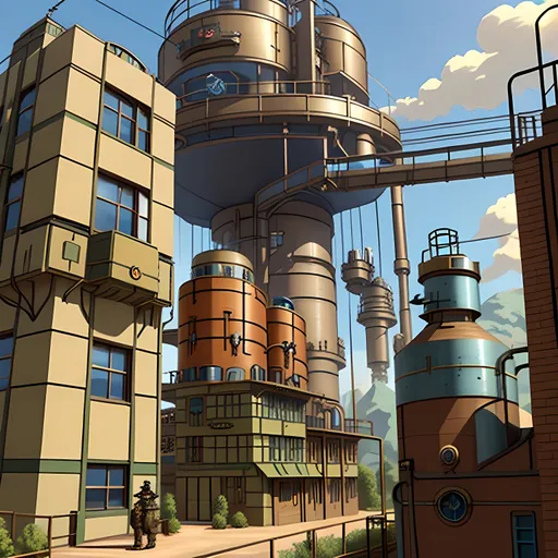 Prompt: SFW, Dieselpunk, Fantasy, City Skyline, Classic Dieselpunk Aesthetic, Dieselpunk Apparatus, Very Wholesome Looking Only, Interesting, Same Aesthetic, Factory Facility, Blue Skies, Dieselpunk Facility In City, Victorian Dieselpunk Aesthetic, Dieselpunk City Region Background, Jules Verne Inspired,  Intricate, City Houses, Glass Windows, Dieselpunk Only, 2.5D Style, Cel Shaded, More Fantasy Looking, Boilers Furnaces Pistons, Victorian Dieselpunk Large City, Houses Made From Dieselpunk Materials, Picturesque