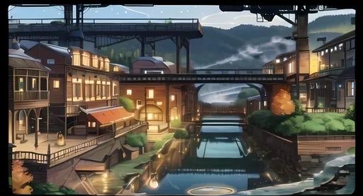 Prompt: Nobody Else In Background, Edwardian Houses, More Fantasy Looking, Ironworks, Intricate, Steam, Lavish, Factory, Night Time, Stars, No Clouds, Comets, Landscape, Dieselpunk Retro Futuristic, Bridge Above Water, Pond, Autumn, Orange and Green Shades, Trail, Small Townscape, BC Inspired, Smoke, Steam, Fog, Trail BC Inspired Fantasy, Pistons, Dieselpunk, Cute Wholesome Factory Village, Lovely Looking, Joyful, Wondrous, Marvelous 