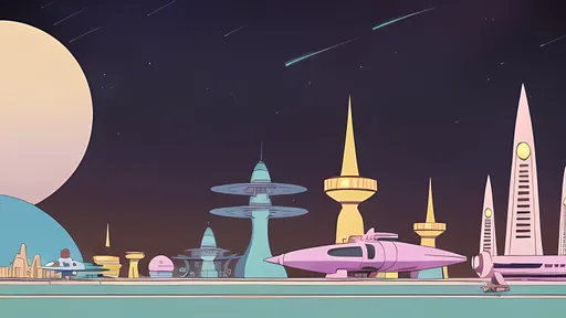 Prompt: Retroville Inspired, Future Funland, Star Trails, Dune Mauve and Brown Aesthetic, Wes Anderson Theme, Nobody in Background, Cartoon, Dune, 1950's Inspired, Retro Futuristic, Perfect Composition, Jetsons Orbit City, Hanna Barbara Aesthetic, Jetsons X Dune, Jetsons Inspired, Dune Inspired, 1950's Inspired, Jetsons Buildings in a Space City