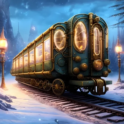 Prompt: Nobody In Background, Steampunk, Arctic World, Steampunk Brass Colored  Trees, Victorian, 3D Snow City, Large Steampunk Modern Looking, 3D Style, Realistic, Futuristic Steampunk Train, Perfect Composition, Nightime, Snowy, Yellow and Brown Aesthetic, Green Colored Train, Same Composition, More Fantasy Looking, Same Body, More Futuristic Looking, More Retro Futuristic, Futuristic And Classic Steampunk, Albert Robida's Le Vingtième Siècle: La Vie Électrique (The Electric Life) Inspired, More Bubbly Looking, Cartoon Looking, One Brass and Green Colored Present Day Style Train Only, Interesting, Jules Verne Inspired Futuristic Train, Steampunk Ore Train Inspired, Modern Design