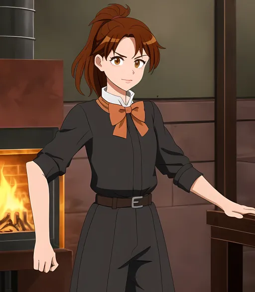 Prompt: SFW, Minimalistic, Perfect Composition, Same Composition, One Young Woman In Picture, Regular Pose, Standing Still, Arms Down, SFW Body, Dark Red Hair Only, Prowling, Large Gaiter, Small Chest, Edwardian, Cute Animation Style, 2D Animation, Perfect Composition Hands, Dieselpunk Witch, Full Lips, Detailed Face, Ben 10 Animation Style, Brown Eyes, Perfect Composition Eyes, Cute Face, Pensive Looking, Working In Her Ironworks, She Should Be Wearing a Witch Hat On Her Head, Cute Animation Style, She Should Have a Dark Red Medium Ponytail, Gray Edwardian Jumpsuit, Bowtie On Outfit, Some Pewter On Outfit, Some Armor On Outfit, SFW Body, Some Orange On Outfit, Strong Body, Thick Thighs, Flannery Trainer Inspired, Made By Squirt_rash_24.  
