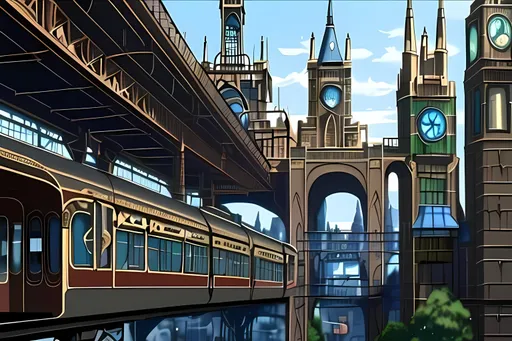 Prompt: Intricate, Modern Animation Style, Colorful, Beautiful, Steampunk City Background, Copper and Blue Aesthetic, Victorian Steampunk Monorail Train Station In Background, Made By Squirt_rash_24.