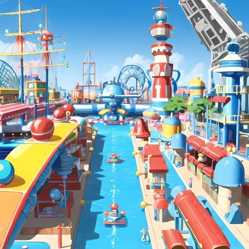 Prompt: Nobody In Background, Retro Futuristic, Bubbly, Heartwarming Wholesome Playful Nautical Water Park Theme Park, Very Wholesome and Joyful, Seaport, Toyland, Retroville Inspired Blocks, Squares and Many Shapes Fantasy Theme Park, Heartwarming Wonderous Marvelous Retro Futuristic Playful City, Amusing, Childlike, Endearing, Perfect Composition, Made By Squirt_rash_24.