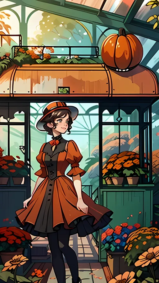 Prompt: SFW Only, Safe For Work Image Only, Nobody In Background, Intricate, Same Composition, Perfect Composition, Disney's Poppy Fields Inspired Background, Greenhouse, Garden, Floral Aesthetic, Retro Futuristic Buildings, Apparatus On Buildings, Insanely Large Otherwordly Trees, Forestpunk, Steampunk Inspired Background, Retro Futuristic, Orange and Brown Fields, Unearthly Fantasy Looking Trees With Apparatus In The Background, Insanely Big Trees Only, Oz the Great and Powerful Movie Inspired, Full Body, Solo, 1Woman, Portrait, One Woman In Picture, Smiling Only, Jules Verne Inspired Outfit, Wholesome Looking, Very Happy Looking, Looking At Viewer, Friendlier Looking, Heroic, Very Lovely Looking, Mila Kunis Inspired, SFW Outfit Only, Insane Retro Futuristic Aesthetic, Bright Red and Black Aesthetic, Theodora Character Inspired, Geared Outfit, Full Lips, Detailed Face, Big Theodora Inspired Hat, Cuter Face, Rustic Fall Aesthetic, Wheat Fields, Velvety Aesthetic On Her Outfit, Steampunk Apparatus, Happier Looking, Futuristic,  Older Looking Face, Vibrant, Lively, Wholesome Looking, Standing Up Straight, Grown Body Only, Older Face, Vibrant, Lively, Wholesome Looking, Standing Up Straight, Dark Brown Black Cute Hairstyle, Gray Eyes, Regular Eyes, Red Capelet, Buttons On Outfit, Cute Aesthetic, Same Hairstyle, Perfect Hair Composition, Romantic Tuck, Shorter Tucked In Hair Only, Thick Dark Eyebrows, Slighter Frame, Perfect Hand Composition, Perfect Finger Composition, Posing, Regular Body, Happier Tone, Cute Aesthetic, Confident Looking, Soft Smile On Her Lips, She Should Be Wearing a Sneewittchen (The Brother's Grimm's Snow White) Inspired Forestpunk Fantasy Outfit, Glittering Outfit, Slim, Small Waist, Spots On Dress, Cute, Longer Pleated Dress, Long Pants On Legs, Trousers, Hoop Earings, Caucasian, Full Body, White Woman, Lighter Skin Profile Only, Cute Body, John Atkinson Grimshaw Oil Painting Aesthetic, Magestic