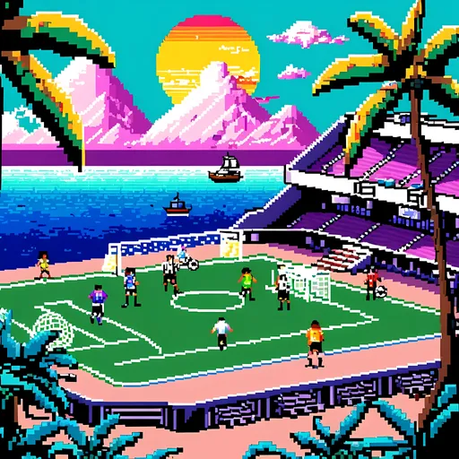 Prompt: Nobody In Background, Landscape, Pirate Themed Outdoor Soccer Stadium By The Ocean, Cool Looking, Circumnavigation Aesthetic, Oceanic Aesthetic, Palm Trees, Boats, Soccer Balls Aesthetic, Very Cute, Abstract, Very Unique, Pixelart Illustration, Exciting, Nostalgic, Brightened Picture, Unique Pixelart Illustration, Pixelart Style, Pixelated, Vibrant, Lively, Colorful, Retro, 8 Bit, Synth, Pixels, Retrowave, Nintendo Graphics, Heartwarming, Sportspunk (Made Up Genre), Oceanpunk Seapunk, Piratepunk, Happier Tone, Circle Aesthetic, Cute Animation Style, Same Composition, 2D Animation, Athlete, Pirate Aesthetic Background, Outside Of The Ship, Ocean, Seas, Water, Masterpiece, Arena
