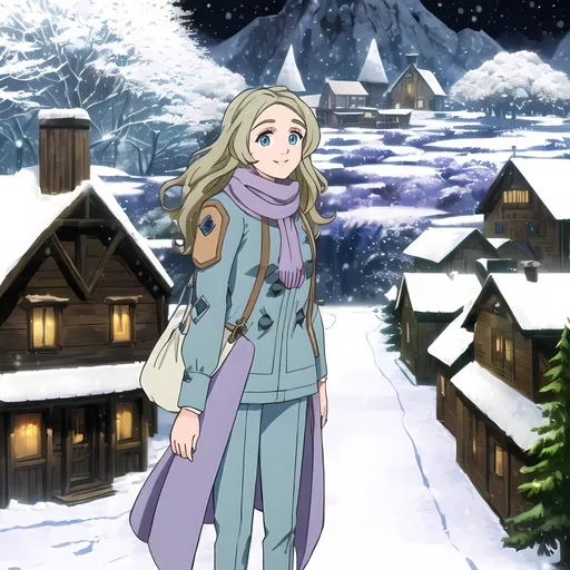 Prompt: (((SFW))), Village Skyline, It Needs To Be Snowing, Lush, Lavish, Fun, Intricate, Milder Looking, Warm and Cool Tones, More Bubbly Looking Animation Style, 2D Animation, More American Cartoon Looking Only, (((Winter Aesthetic, Frosty Village Inspired Background, Perfect Background Composition))), Cabin Cottage Lodges In Background, No Giant Roofs, Snowy Landscape Only, Large Trees, Outdoors, Retro Futuristic Village Market Town Skyline Background, Forestpunk, Winterpunk, Snowpunk, Dieselpunk Inspired, Steampunk Inspired, Jules Verne Inspired, Modern Animation Style, 2D Style, Lusher Face, (((Same Composition, Perfect Composition))), Wholesome, (((SFW Portrait, Solo Only))), One Woman In Picture, (((Older Face))), Bright Yellow Blonde Locks, (((She Should Look a Lot Like Josephine Langford))), Happier Looking, Calm, Mellow, Soft Smile, Teeth Showing In Smile, Azure Eyes, Colorful, Oil Painting Aesthetic, Grown Woman Looking, Alternative Looking, Very Wavy Locks Only, Very Feminine Looking, Village Skyline Background, She Needs To Look Like The Output Image, (((She Needs To Look Older, Twenty Seven Years Old Only, Lovely Looking))), Medium Hairstyle, Caucasian, Full Lips, Detailed Face, Glacia Trainer Inspired, Fantasy, Light Purple Long Sleeved Exosuit Dress, Light Blue Scarf Only, Tote Bag, Two Hands and Two Arms, Beanie, She Should Have Four Fingers and a Thumb, Sneewittchen Buttoned Dress, Exosuit Dress, (((Pants On Legs, Looser Baggier Clothing))), Australian, Geared Clothing, Interesting, Jules Verne Aesthetic On Clothing, White Woman, SFW Body, Perfect Hand Composition, Slim Legs, Perfect Leg Composition, Magestic