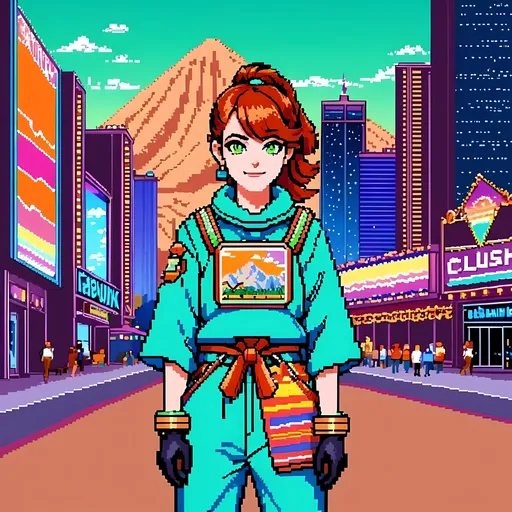 Prompt: SFW, Very Cute, Intricate, Retrowave Desert, Perfect Composition, One Young Woman in Picture, Exciting, Nostalgic, Brightened Picture, Unique Pixelart Illustration, Pixelart Style, Pixelated, Vibrant, Lively, Colorful, Retro, 8 Bit, Synth, Retrowave, Nintendo Graphics, Desertpunk, Downtown Desert Skyline Funland Background, Same Outfit, Consistent Look, Emma Stone, Full Lips, Detailed Face, Desert Woman, Grown Body, Samurai Inspired Desert Outfit, Perfect Composition Hands, Gloves On Hands, Hands Should Be Lowered, Same Composition, Perfect Composition, Medium Wavy Hairstyle Only, Small Ponytail On Hairstyle, Cute Animation Style, Sleek, Lovely Looking Animation Style, Samurai Aesthetic, Desert Samurai, Desertpunk Clothing, Maximalistic, Sandy Mountains, Joyful Looking, Grateful Looking, Perfect Eye Composition, Redhead, Freckles, Caucasian, Veil, Cute Samurai Inspired Woman, Cute Face, Chest Should Be Covered, Sand Dunes, Sandstorm, Las Vegas and Arizona Inspired,  Sleek, Pewter Red and Yellow Samurai Outfit, Desert Aesthetic On Outfit, Desert Punk Show Inspired, Athletic Body, Natural Redhead, Samurai Cloak, Small Chest, Some Armor On Outfit, Gaiter, Cute Eyes, Casino Funland Hotel, Retro Synth Parking Lot Background, Casino, Movie Aesthetics, Sandy Mountains, Bigger Body, Larger Bones, Stockier Body, Redhead, Rust Orange Medium Hairstyle, Green Eyes, Happy Looking, Pink Lipstick, Brown Eyebrows, SFW Body, Grown Woman, Medium Hairstyle Only, Heartwarming, Lusher Face, Bigger Boned, Stockier Torso, Very Lovely Looking, Mature Face, Beautiful, Cute Smile, Grown Woman Looking, White Woman, Interesting Background, Cute Aesthetic, Adorable, Cuter Face, Triangular Earings, Bracelets, Regular Light Eyebrows, Cute Smile, Pretty, Wearing Desert Inspired Samurai Gear, Long Pants, Lovely Looking Eyes, Bigger Eyes, Bigger Athletic Legs