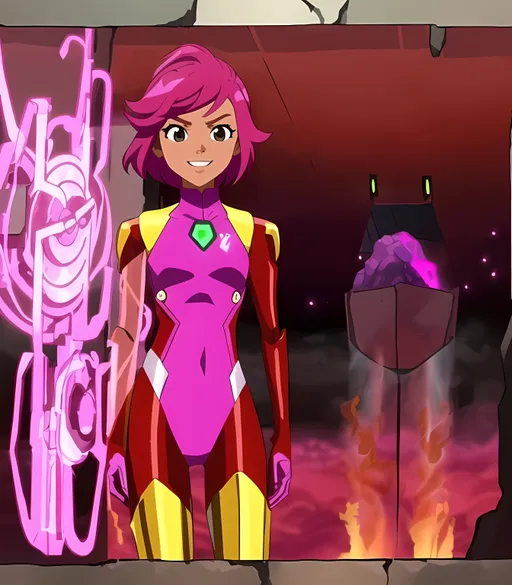 Prompt: SFW, Same Composition, Lavagirl, Lava Princess, She Must Have Magenta Medium Hair, Adorable, Adolescent, Lavagirl From The Adventures Of Sharkboy and Lavagirl, Ben 10 Animation Style, Flowing Light Red Pink Magenta Medium Hairstyle, Iridescent Ombré Hair, Taylor Dooley, Full Body, Small Chest, Fully Clothed, Cute Face, Cute Smile, Full Lips, Detailed Face, Lava Aesthetic, Black Eyes, Light Tan Skin, Wearing a Samus Inspired Red Pink Battle Exosuit, The Suit Should Have Some Yellow On It, Lithe Body, Strong Legs, Perfect Composition, Made By Squirt_rash_24. 