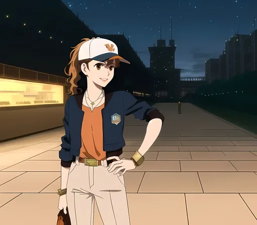 Prompt: (SFW), (SFW Image Only), Same Aesthetic, (Safe For Work Image Only, Safe, Sand Tower, Modern Animation Style,  Dieselpunk, Sandpunk Inspired, More Fantasy Looking), Same Style, (Solo Only, Sandstone, Sandier Looking,  Orange Scrunchie, Looser Baggier Clothing, Undershirt, Wholesome, Modern Buildings, American Animation Style, Cartoon Aesthetic, Realistic, Orange Light Brown Aesthetic Hair Only, Curly Bangs), Heartwarming, Ivory Sand Buildings, Gift Shops, Lovely Looking Aesthetic), 2D Animation, (((Fantasy Virginia Inspired, Same Composition))), Wondrous, More Cartoon Looking, Lively, Bronze Copper Orange Aesthetic, (Virginia Inspired Skyline, Lithe, Athletic, Slighter Frame), Ivory Aesthetic City, Gold and Reddish Bronze Aesthetic, White Lights, 2D Style, (((Very Minimalistic, Smiling, Baseball Cap, Maiden Looking))), Modern Looking, Dieselpunk,  (((Perfect Background Composition))), Cityscape, Safe, Calm Looking, Nightime, Sleek, Lovely Looking Animation Style, Soft Lady Aesthetic, Joyful, Milder Looking, Standing Up Straight, Virginia Inspired City Background, Very Feminine Looking, Lavish, (((Solo Only))), 1Woman, One Woman In Picture, (((Julia Antonelli Inspired, Caucasian, Medium Hair, Brown Eyes, Full Lips, Detailed Face))), Edwardian, Lovely Looking,  (Proud Looking, Gaiter, Very Feminine Looking, Ladylike), More Mechanic Looking, Lithe, Slighter Frame, Hoop Earings, Relaxed, Skinnier, Athletic, Friendlier Looking, Alternative Looking, Lusher Face, 22 Year Old, (((Ponytail, Wavy Bangs))), More Metallic Looking, Gilded* Age Period Inspired, Industrialists, Dieselpunk Virginia Inspired, Italian Descent, Orange and Gray Virginia Squires Aesthetic), Greaser Aesthetic, Beige Blue and Dark Red Orange Aesthetic, Pretty, Calm Looking, Some Iron On Fantasy Bomber Jacket, Iron Belt and Buckle, Undershirt, Correct Hands, Business Casual, Gaiter, Necklace, Perfect Hands, Brick Wall, Minimal Aesthetic, Lights, (((Iron Bracelets))), White Woman, John Atkinson Grimshaw Oil Painting Aesthetic