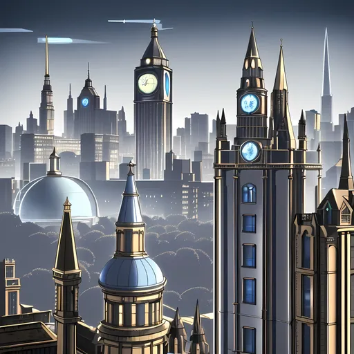 Prompt: Jules Verne Inspired, Futuristic and Classic Steampunk, Glasgow Scotland Skyline, Victorian Labyrinth City, Ivory Brick Houses, Picturesque, Ivory and Dark Blue Aesthetic, Chimneys, Made By Squirt_rash_24.