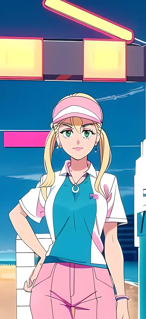 Prompt: SFW, Same Composition, One Young Woman in Picture, Bright, Colorful, Vivid, Miami Vice Inspired, Interesting Retro Synth 1980's Background, Nelly Korda, 1984 Aesthetic, Miami Beach Background, Adorable, Full Lips, Detailed Face, Light Pink Lipstick, Wearing a Visor On Her Head, Pearl Necklace, Triangular Earings, Bracelets, Regular Light Eyebrows, Green Eyes, Cute Smile, Blonde Hair, 1980's Aesthetic, Retro Miami Beach Nightime Pink Synth Movie Theater Parking Lot Background, Blonde Flowing Pigtails, Blonde Eyebrows, Wearing a Pastel Blue Blazer and Pastel Pink Long Pants, Caucasian, Czech Descent, Nostalgic Vaporwave Retrowave, Blonde Eyebrows and Green Eye Color, Blonde Hair Without Green Eyebrows, Synth Pink and Light Blue and Black Aesthetic City Skyline, Synth Dark Pink Miami City Neon Pink And Blue Background, Same Hairstyle, Light Skin, Wavy Hair, Light Tan Skinned, Perfect Composition, Made By Squirt_rash_24.