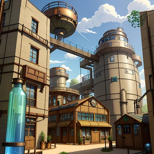 Prompt: SFW, Dieselpunk, Fantasy, City Skyline, Classic Dieselpunk Aesthetic, Dieselpunk Apparatus, Very Wholesome Looking Only, Interesting, Same Aesthetic, Factory Facility, Blue Skies, Dieselpunk Facility In City, Victorian Dieselpunk Aesthetic, Dieselpunk City Region Background, Jules Verne Inspired,  Intricate, City Houses, Glass Windows, Dieselpunk Only, 2.5D Style, Cel Shaded, More Fantasy Looking, Boilers Furnaces Pistons, Victorian Dieselpunk Large City, Houses Made From Dieselpunk Materials, Picturesque, Cylinders, Work Area, Edmund Lewandowski Inspired 