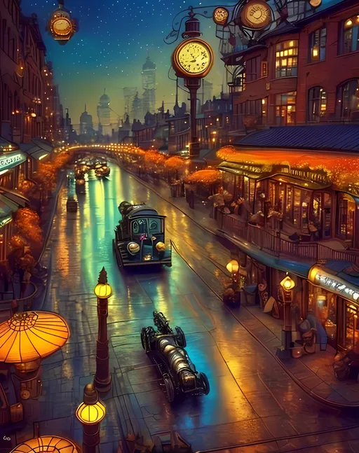 Prompt: Steampunk, More 3D Looking, Added Depth In Image, Futuristic and Classic Steampunk, John Atkinson Grimshaw Inspired, More Prominent Effects, Wholesome, (((Same Composition, Anachronistic Technology, Perfect Composition))), Intricate, Modern Animation Style, Colorful, Beautiful, Steampunk City Background,  Lanturns, Steampunk City, Pipes, (((Sprawling Cityscape))), Bokeh, (((Trees))), Village Market Town Skyline,  Orange and Brown Aesthetic Only, Large Trees, Bridge, Light Aesthetic, Huts, Gears, Victorian, Watercolor Aesthetic, Steampunk Aesthetic, Forestpunk Inspired, Fantasy, Pneumatic Tubes, Lights, Warm Aesthetic Hues, Fantasy Buildings, Pipes, Retro Futuristic, Interesting, Cartoon Style, 3D Style, Realistic