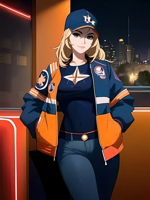 Prompt: SFW, One Young Woman in Picture, Smiling, Star Aesthetic, Same Composition, Lovely Looking, Grown Woman, Kate Upton, Full Lips, Detailed Face, Medium Hairstyle, Wearing an Old School Houston Astros Bomber Jacket, Orange and Dark Blue Aesthetic, Slim and Strong Legs, Made By Squirt_rash_24.