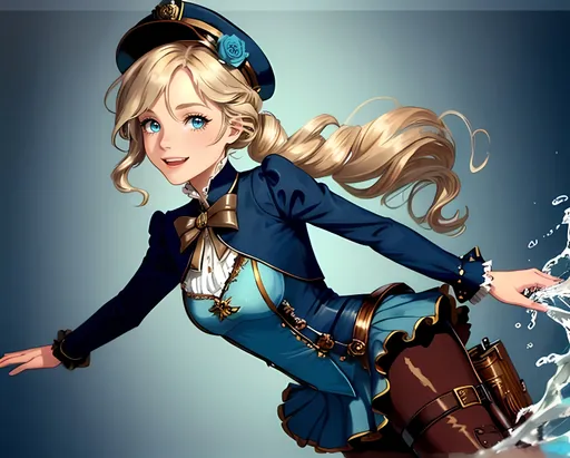 Prompt: SFW, Portrait, Splashing Water, Battle Cry, Mature Look, Regular Pose, Steampunk Hat, Same Look, 2D Style, More Steampunk Looking, No Skin Showing on Body, Stockings On Legs, Legs Covered, Steampunk Aesthetic Background, Gradient Blonde Blue Hairstyle, She Needs To Look Like The Output Image, She Must Have a Big Long Dress and Yoga Pants, Looking At Viewer, Launching, Classier Look, Arm Sleeves, Legs Fully Covered, Pants On Legs, Big Dress Skirt Only, Leggings, Double Stockings On Legs, Lovely Looking Animation Style, Cute Victorian Exosuit, Western Animation Style, One Young Woman In Picture, Happier Looking, Joyful, Smiling, Teeth Showing In Smile, Bow In Hair, Watergirl, Full Steampunk Brass Suit With Larger Steampunk Brass Skirt, SFW Body, Very Adorable, Olivia Holt Inspired, Full Lips, Detailed Face, Same Composition, Perfect Composition, Caucasian Skin Profile Only, 20 Year Old, Cuter Animation Style, Colorful, Lush, Lavish, She Should Look Like The Output Image, Steampunk X Seapunk Oceanpunk, She Should Look a Lot Like Olivia Holt, Navy Blue and Azure Colored Outfit, Short Ponytail, Follows Prompt Exactly, Same Composition, Small Chest, Water Demigod Inspired, Percy Jackson Inspired, Sea Maiden Inspired, Poseidon and Neptune Inspired, Caucasian, Blonde Medium Hairstyle, Cheerful, Azure Eyes, Lovely Looking, With a Cute Smile, Sweet, She Has a Stockier Build, Small Chest and a Cute Body, Stockier Body, She Should Look Like a Human Being, Bigger Boned, Her Upper Body Strength Can Be Best Represented By Her Broader Shoulders, She Is Incredibly Proficient At Swimming As Well As Running On Land, She Has Thicker Arms and Body Contours Which Outline Her Interesting Womanly Figure, She Has a a Powerful Core on Her Stomach, Her Lower Body Strength Can Be Best Represented By Her Powerful Legs, Which Is Used For Proficient Running and Swimming, She Has Lots Of Fighting Skills, and Is a Strong Female Lead, Made By Squirt_rash_24.