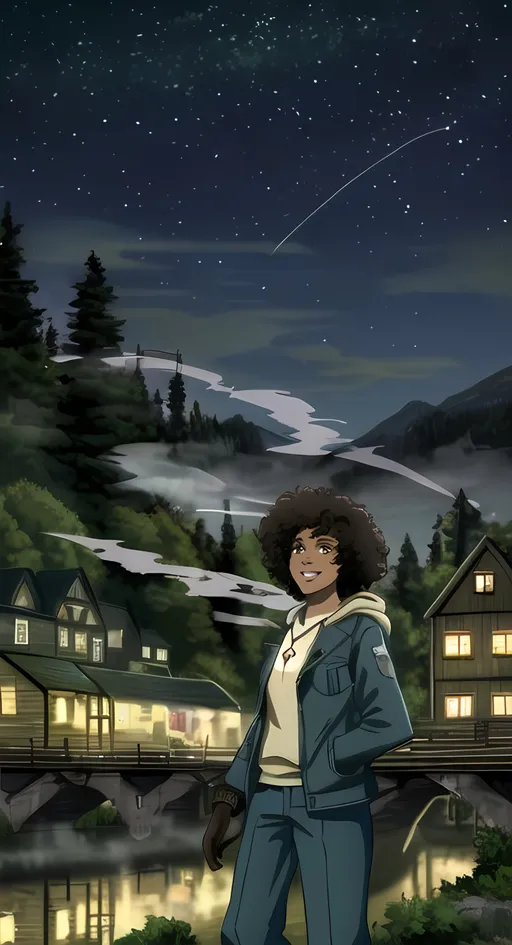 Prompt: (SFW), (Safe For Work Image Only), G Rated, Rated E, General Audience Content, (Older Lady Aesthetic), Darker Skies, Night Time, Good Lighting, 2D Style, Cel Shaded, Minimalistic, Trail BC Inspired Fantasy, Nature, Conservation Facility, Pistons, Dieselpunk, Perfect Village Composition Only, Cute Wholesome Factory Village, Lovely Looking, Edwardian Houses, Ironworks, Intricate, Steam, Lavish, Factory, Night Time, Stars, No Clouds, Comets, Landscape, Dieselpunk Retro Futuristic, Bridge Above Water, Pond, Autumn, Orange and Green Shades, Trail, BC Inspired, Smoke, Steam, Fog, 1Woman, Grown Woman Looking Only, One Woman In Photo, Female Human Composition Only, (1Adult, She Should Look a Lot Like Taylor Russell, Adult Female Composition Only, Cuter Face, Joyful, Wondrous, Marvelous, Smiling), Very Feminine Looking, Dieselpunk Inspired Clothing, Lusher Face, (Roots Canada Inspired Clothing Only, Necklace, Looser Baggier Clothing, Outerwear, Worker), Hoodie, (Black Woman Composition Only, 22 Year Old), Cute, Happier Looking, Pretty, Maiden Looking, Pink Lips, Navy Blue Jacket, Trousers, In The Village, Grateful Looking, Technical, Slighter Frame, Tighter Body, Alternative Looking, Brown Afro Puffs, Canadian, Brown Eyes, Looking At Viewer, Full Lips, Detailed Face, Standing Up Straight 
