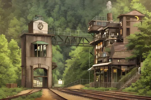 Prompt: Same Composition, Dieselpunk Thurmond West Virginia Ghost Town Inspired, Forest, Lush, Dieselpunk Train Station, Dieselpunk Apparatus on Top of The Track, Dieselpunk Edwardian Brown Square Shaped Buildings Beside the Track