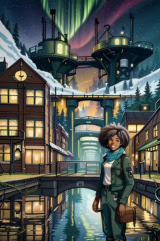 Prompt: (SFW), (Safe For Work Image Only), (A Safe For Work Image), Modern Animation Style, Northern Lights, Safe, Oil Painting Aesthetic, Eco Conservation  Facility,  Light Aesthetic, Oil Painting Aesthetic, Realistic, (SFW Professional Looking Image, 2D Style, Cel Shaded, Workplace Safe), Nobody Else In Background, Edwardian Houses, Slighter Frame, More Fantasy Looking, Ironworks, Intricate, Steam, Lavish, Factory, Night Time, Comets, Follows Prompt Exactly, Futuristic Aesthetic, Landscape, Dieselpunk Retro Futuristic, Bridge Above Water, Pond, Autumn, Orange and Green Shades, Trail, Townscape, BC Inspired, Trail BC Inspired Fantasy, Pistons, Dieselpunk, Wholesome Factory Village, Joyful, Wondrous, Marvelous, 1Woman, 1Adult, 1 Woman In Photo, (Taylor Russell Inspired, 26 Year Old, She Needs To Look Like The Output Image, Adult Female Composition Only, Lovely Looking Aesthetic, Safe For Work Clothes, Happier Tone, Vivid, Smiling, Very Feminine Looking, Joyful, Afro, Bangs, Melanin, Wondrous, Slighter Frame, Marvelous, Smiling, Teeth Showing In Smile,  Lithe, Worker, Dieselpunk Clothing, Jacket, Oil Painting Aesthetic, Looser Baggier Clothes, Teal Scarf Only, Canadian, Trousers, Modern Animation Style, In The Village, Worker, Backpacker Trainer Class Inspired 