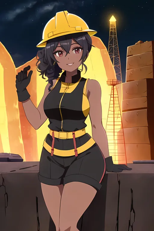 Prompt: Same Build, Night Time Sky, Strong Female Lead, Black Woman, Red Mining Outfit, With Some Black, Yellow Construction Hard Hat, Black Gloves, African Descent Stunning Yara Shahidi, Short Very Curly Ponytail Brownish Eyes, Full Lips and Cute Smile, Arid Land, Factory Quarry, Wholesome, Wonderous, Marvelous, Colorful, Mining Factory Conservation Facility Background, Same Composition, Dieselpunk Miner, Strong Legs, Same Straps on Outfit, Strong Female Lead, Same Hairstyle, Dieselpunk Worker Fantasy Cave, 24 year Old, Full Lips, Red Clothing, Gears, Ochre and Brown Aesthetic, Brass Tinsels, Some Yellow on Outfit, Dieselpunk Retro Futuristic, Brown Rocky Cave Background, Inside of the Cave, Gems, Strong and Powerful Legs