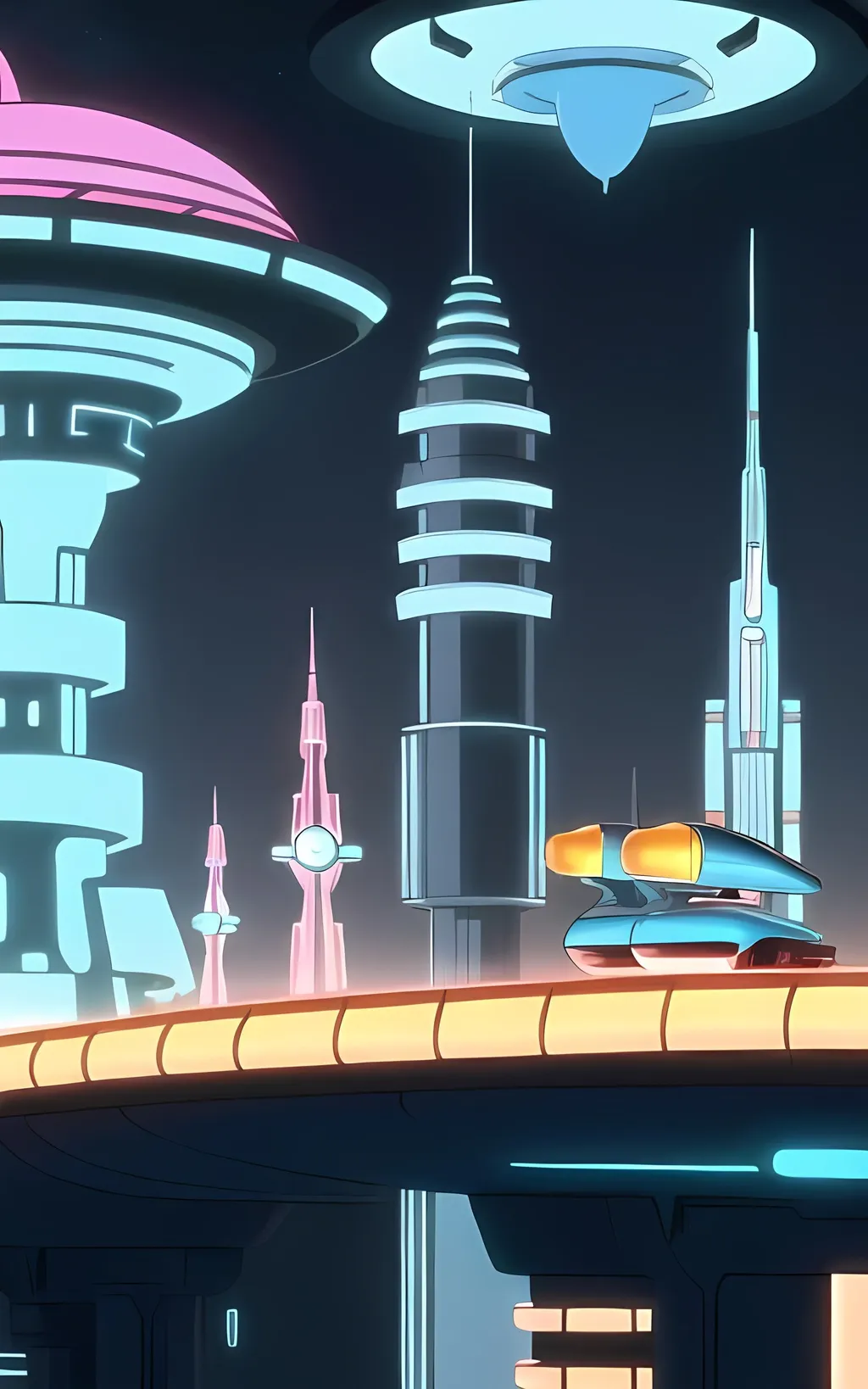 Prompt: Same Composition, Pefect Composition, Glowing Buildings, Dune, 1950's Inspired, Retro Futuristic, Jetsons Orbit City, Hanna Barbara Aesthetic, Jetsons X Dune, Jetsons Inspired, Dune Inspired, Retroville Inspired, 1950's Inspired, Jetsons Buildings in a Space City