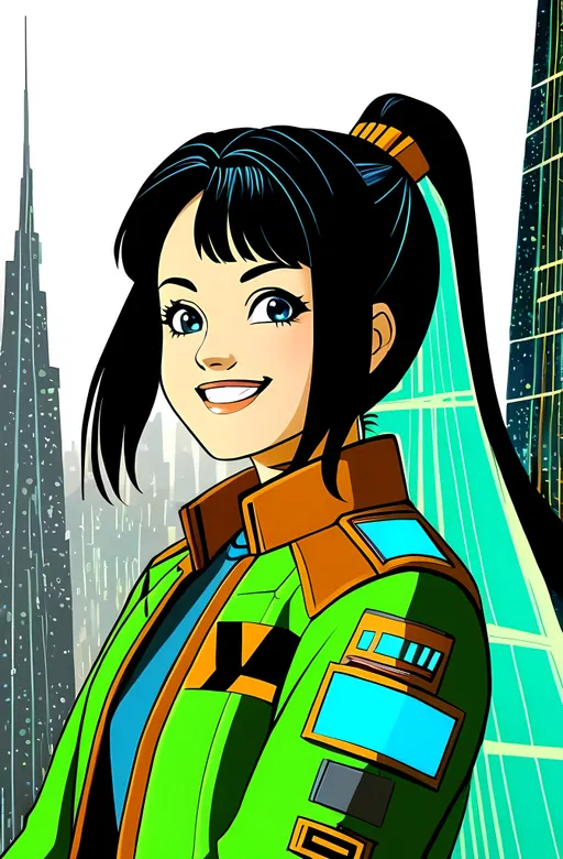 Prompt: SFW, Cyberpunk Inspired, Western Animation Style, Genndy Tartakovsky’s The Clone Wars Show Inspired Animation Style, Spacepunk, Lovely Looking Animation Style, Muunilinst Star Wars Inspired, City Skyline, Portrait, One Fully Clothed Woman In Picture, Smaller Body, Beautiful Textured Shimmering Hair, Grown Woman Only, Perfect Hair Composition, Interesting, Exact Same Style, Same Look As Output Image, Same Outfit, Gray Aesthetic, Foggy, Jade Aesthetic, Close Up, Star Trails, Muunilinst Inspired, Minimalistic, Muun Star Wars Infrastructure Inspired, Gotham City Inspired, Insanely Large Buildings, Genndy Tartakovsky’s The Clone Wars Show Inspired, Y2k, 2000's Inspired, Retro Aesthetic, Realistic Only, Retro Cyberpunk Inspired,  Fantasy, Insanely Big Shard, Real World, Brushstrokes, John Atkinson Grimshaw Oil Painting Aesthetic, Exciting, Joyful, Happier Tone, Vivid, Large Waterfall, Fully Clothed Woman Only, Caring Looking, Smiling, Eyes Focused, Hands Should Be Lowered, Fingers Lowered, Candid Photo, 27 Year Old, Content Looking, Looking Away From Viewer, Sidelocks, Regular Pose, Perfect Neck Composition, Perfect Composition, Perfect Finger Composition, Posing, Regular Body, Smaller Body, Tighter Body, Lana Condor Inspired, Smiling, Older Looking and Mature Face, Distinctive Features, Big Smile On Her Lips, Enjoying The View, She Should Be Looking at The Otherworldly View Of The Cityscape, Full Lips, Detailed Face, Anime Artistic Inspired Image, Alita Inspired, Koyomi Inspired, Medium Ponytail, Strand Of Hair On Face, Skyscraper, Interesting, Bomber Jacket With Tron Outfit, Undershirt, Modern Animation Style