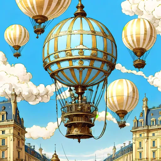 Prompt: Light Blue and White Textured Aesthetic Background, Balloons In Background, Perfect Composition Steampunk Victorian Balloons, Brass, Tinsels, Steampunk Aesthetic, Futuristic and Classic Steampunk, Retro Futuristic, Ivory Gears On Balloons, Designed By Joseph-Michel and Jacques-Étienne Montgolfier, Postcard Aesthetic, Steampunk Looking Balloons, High Quality, Perfect Composition, Same Composition, Minimalistic, Sketch, Recreation, Clouds, Steampunk Hot Air Balloons In Picture Above a Large Garden, Two Gold Pillars In Garden, Inspired By The Montgolfier Brothers, Jubilent, Cute, Aviation and Aerodynamic Aesthetic, Intricate, Parisian Aesthetic, The Palace Of Versailles Background, Blue and Yellow Shades, Made By Squirt_rash_24. 
