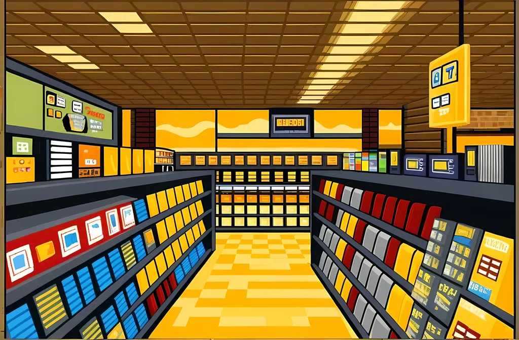 Prompt: (((SFW))), Perfect Store Composition, Blockbuster Inspired Store, Red Yellow and Blue Aesthetic, Landcape, Store Background Only, Sand,  Sand Pit, Sand Blocks, Sandstone, Dustier Looking, Lovely Looking Store, Blocks, Squares, Unique Pixelart Illustration, Pixelart, Retro Aesthetic, 2D Style, Pixels, Sketch, Cel Shaded))), G Rated, Rated E, Same Paneled Ceilings, Tiled Ceilings, Sand Inside The Store, More Bazaar Looking, Same Aesthetic, Same Composition, Perfect Composition, Y2k, Dieselpunk, Sandpunk, Joyful, Wonderous, Marvelous, ((Blue and Yellow Aesthetic, It Should Look Like a Department Store, Blockbuster 2022 Show Inspired, Consumers Distributing Inspired, An Old Store, Catalogue Shopping Inspired, Nostalgic))), Boilers, Pipes, Pneumatic Tubes, Pistons, Ironworks, Indoors, Blockbuster Aesthetic, More Dieselpunk Looking, Colorful, Shelves Stocked, (((Maze Labyrinth Store Background))), Modern Animation Style, American Animation Style, Wholesome Looking, Technical, Apparatus On Ground, Interesting,  Heartwarming